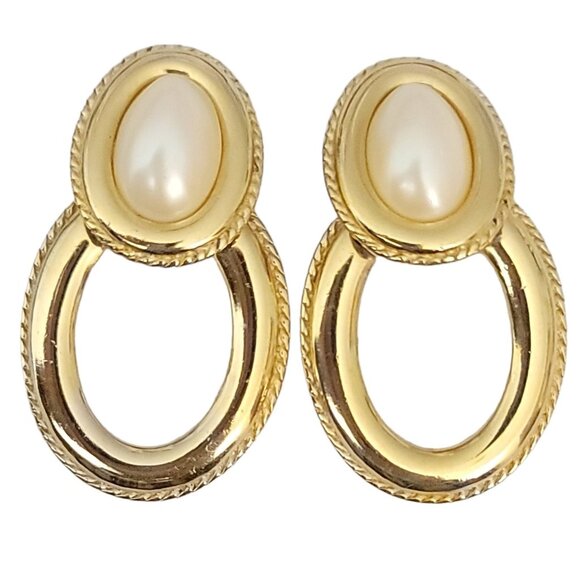 Givenchy Vintage Gold Tone Faux Pearl Door Knocker, Clip On Earrings,  E001 - Picture 1 of 8